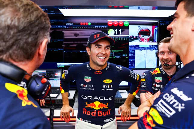 Sergio Perez of Mexico and Oracle Red Bull Racing looks on in the garage during qualifying ahead of the F1 Grand Prix of Brazil at Autodromo Jose Carlos Pace on November 03, 2023 in Sao Paulo, Brazil