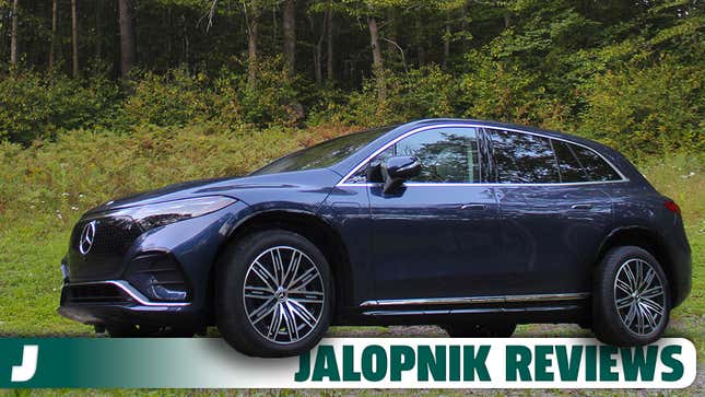 A photo of a blue Mercedes EQS SUV with the Jalopnik Reviews banner below. 