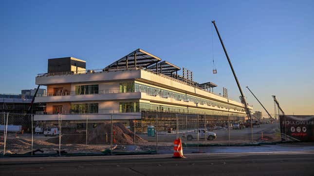 The construction site of the paddock building for the Las Vegas Grand Prix Formula One race on August 28, 2023.