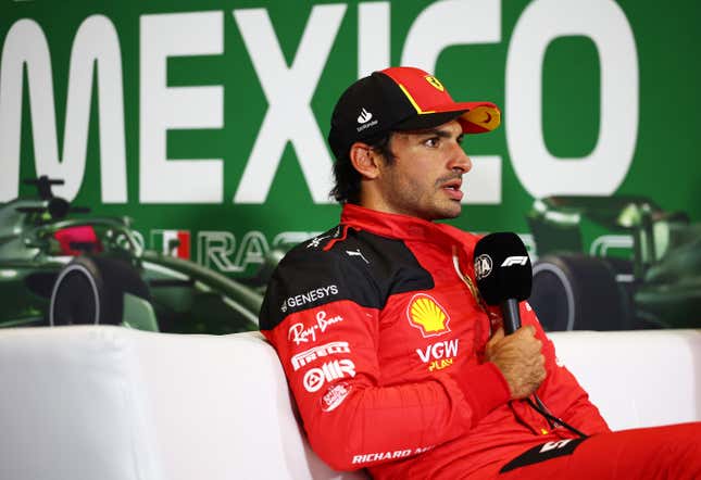 Second placed qualifier Carlos Sainz of Spain and Ferrari talks to the media in a press conference after qualifying ahead of the F1 Grand Prix of Mexico at Autodromo Hermanos Rodriguez on October 28, 2023 in Mexico City, Mexico