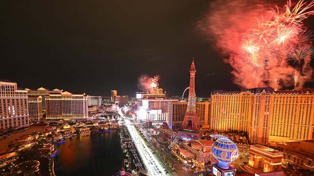 A photo of fireworks over the Las Vegas strip. 