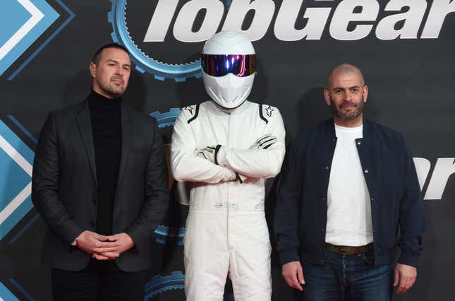 Paddy McGuinness, The Stig and Chris Harris attend the “Top Gear” World TV Premiere at Odeon Luxe Leicester Square on January 20, 2020 in London, England.