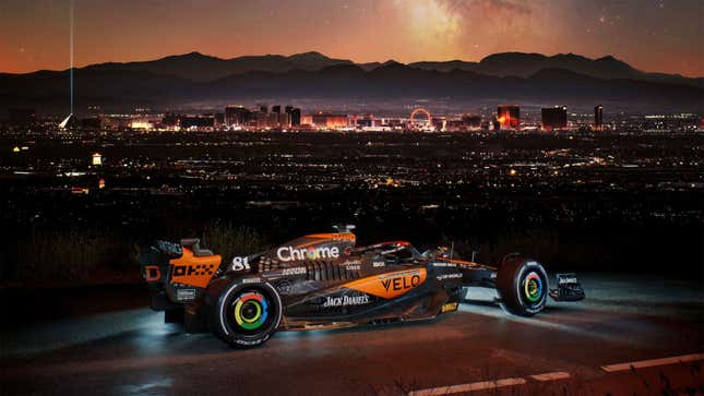 A photo of the McLaren F1 car with its Las Vegas livery. 