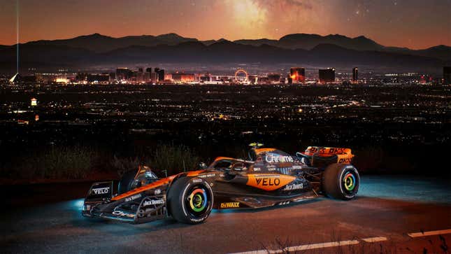 A photo of the McLaren F1 car with its Las Vegas livery. 