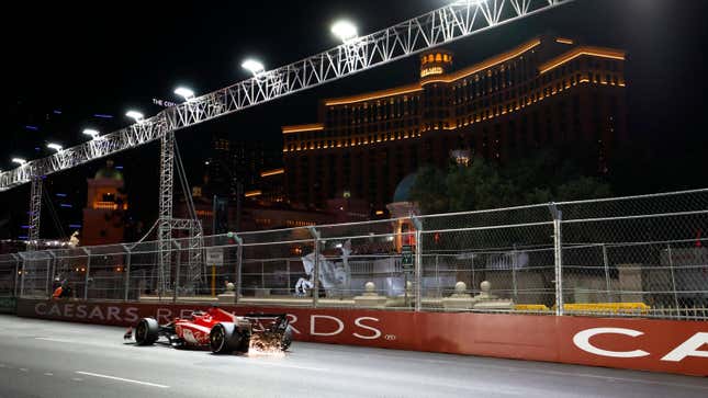 Ferrari driver Charles Leclerc (16) of Monaco makes sparks as he races down the strip on front of Caesars Palace and the Bellagio Resort & Casino during the inaugural Formula 1 Heineken Silver Las Vegas Gran Prix on November 18, 2023 on the Las Vegas Street Circuit in Las Vegas, Nevada.
