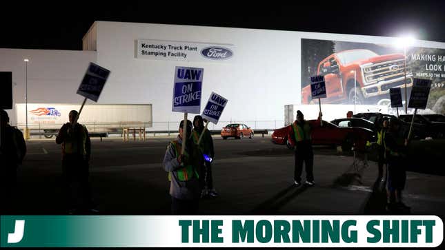 Factory workers and UAW union members form a picket line outside the Ford Motor Co. Kentucky Truck Plant in the early morning hours on October 12, 2023 in Louisville, Kentucky.