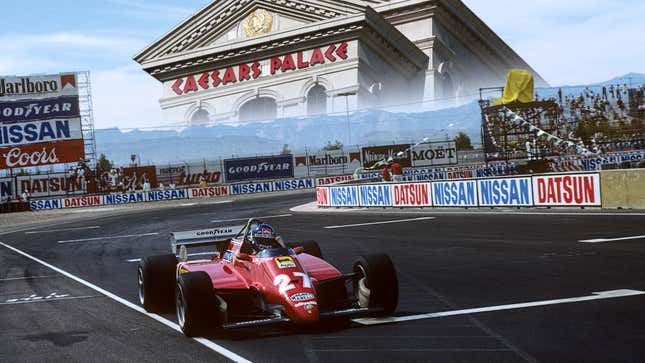 Ferrari's Patrick Tambay driving around the Caesars Palace Grand Prix final corner with the casino superimposed on the sky.