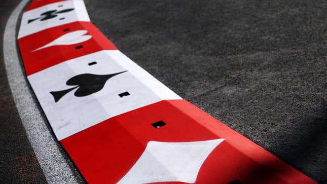  A detail view of the kerbs at turn one displaying the four playing card suits prior to the F1 Grand Prix of Las Vegas at on November 09, 2023 in Las Vegas, Nevada