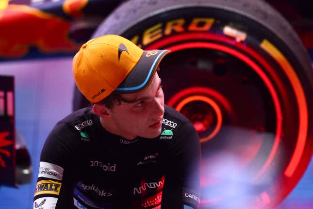 Second placed Oscar Piastri of Australia and McLaren looks on in parc ferme during the F1 Grand Prix of Qatar at Lusail International Circuit on October 08, 2023 in Lusail City, Qatar
