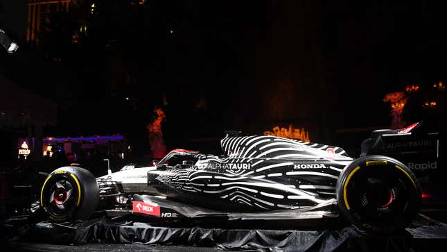 A photo of the AlphaTauri Formula 1 car with its new livery. 